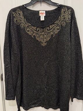 Ruby Rd. Black Metallic Knit Top with Gold Embellished Neckline